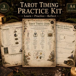 May include: A three-page Tarot Timing Practice Kit printed on aged paper with botanical illustrations. The pages include a Tarot Timing Guide, a Number Timing sheet, and a Prediction and Outcome Review Journal, all featuring text in English and detailed diagrams for tarot study.