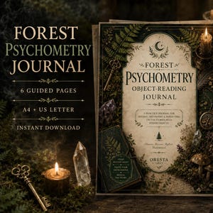 May include: A Forest Psychometry Object-Reading Journal with a cream-colored cover featuring dark green botanical illustrations, a vintage key, crystals, and candles. The text reads Forest Psychometry Object-Reading Journal, Oresta Tarot, and more.
