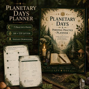 May include: A Planetary Days and Personal Practice Planner featuring a forest-themed cover with an open book, candle, and mushroom illustrations. The set includes printable pages with planetary symbols, intention maps, and weekly practice guides.