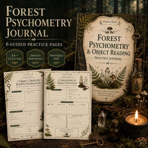 May include: A Forest Psychometry Journal featuring a practice journal cover and two guided practice pages. The pages include text such as Object, Origin & Known Information and Grounding & Session Intention, decorated with fern and mushroom illustrations.