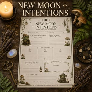 May include: A New Moon Intentions worksheet printed on paper with illustrations of mushrooms, ferns, and a small creature. The text includes sections for moon phase, date, zodiac sign, energy, intentions, and affirmations, with a vintage aesthetic.