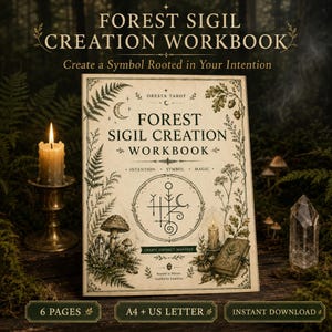Op de afbeelding: Een Forest Sigil Creation Workbook met een crèmekleurige kaft, botanische illustraties, een centraal zegel en de tekst Forest Sigil Creation Workbook, Intention, Symbol, Magic, Create, Connect, Manifest, Rooted in Nature, Guided by Intuition.