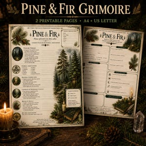 May include: Two printable pages titled Pine & Fir Grimoire, featuring botanical lore, symbolic associations, and observation templates. The cream-colored paper includes detailed forest illustrations, text sections for personal notes, and A4 or US Letter sizing.