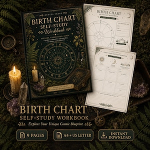 Könnte beinhalten: Ein dunkelgrünes Birth Chart Self-Study Workbook mit goldenen Himmelsillustrationen, einem Tierkreisrad und Sonnenmotiv. Das Set enthält zwei bedruckte Seiten mit Diagrammen und ausfüllbaren Abschnitten für Geburtsdaten, Sonne, Mond und Aszendent.