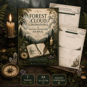 Op de afbeelding: Een Forest Cloud Divination & Weather Observation Journal met een omslag van bossen, bergen en een open boek. Bevat twee binnenpagina's met velden voor weersomstandigheden en schetsen. Tekst: Forest Cloud Divination & Weather Observation Journal, Oresta Tarot, 7 Pages, A4, US Letter, Instant Download.
