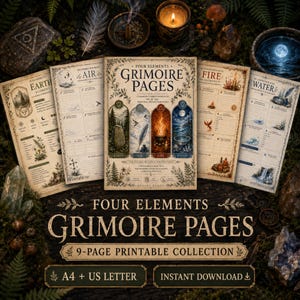 Grimoiresidor med de fyra elementen, korrespondenser mellan jord, luft, eld, vatten, utskrivbara skuggornas bok
