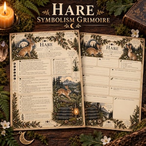 May include: Two cream-colored paper sheets titled Hare Symbolism Grimoire featuring detailed illustrations of hares, forest landscapes, and moon phases. The pages contain printed text, bullet points, and structured sections for recording personal notes.