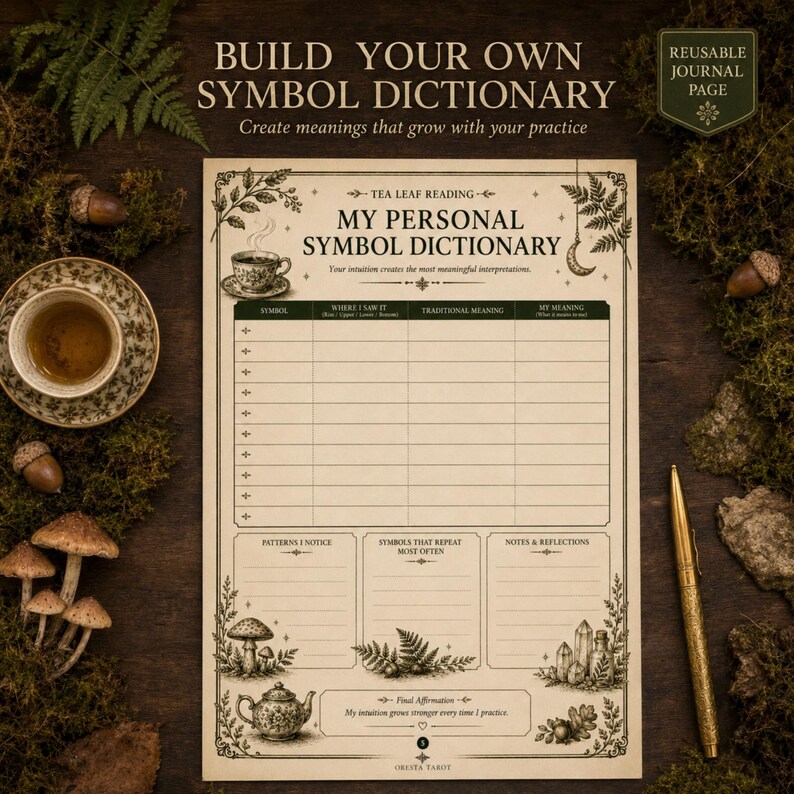 以下が含まれることがあります： 茶葉占いのための「My Personal Symbol Dictionary」と題されたベージュ色のジャーナルページ。シンボル、伝統的な意味、個人的な解釈を記入する表があり、パターン、繰り返されるシンボル、メモのためのセクションと植物のイラストが描かれています。