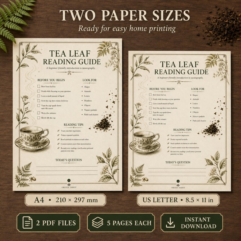 以下が含まれることがあります： ヴィンテージ風の植物イラスト、ティーカップのグラフィック、説明文が記載された紅茶占いガイドシート2枚。左側のシートは210 x 297 mmのA4サイズ、右側のシートはUSレターサイズで、どちらもPDF形式で提供されています。
