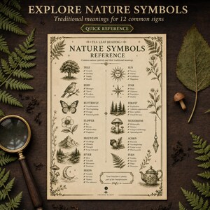 以下が含まれることがあります： 「NATURE SYMBOLS REFERENCE」と題されたベージュ色のリファレンスチャート。木、鳥、蝶、花、山、川、月、太陽、星、森、キノコ、どんぐり、シダなど、12種類の自然のシンボルが黒いインクで描かれ、それぞれの意味がテキストで記載されています。