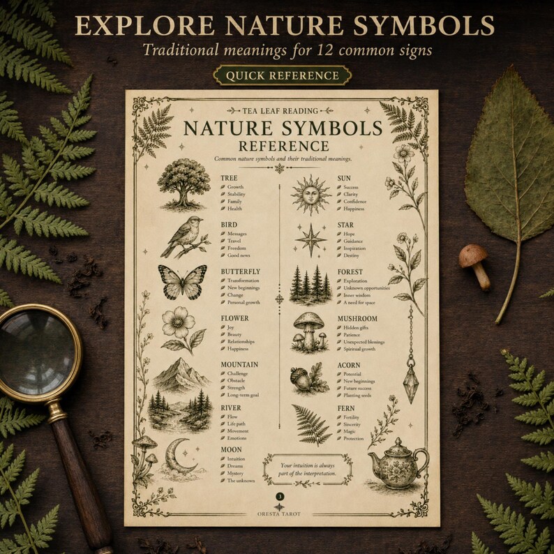 以下が含まれることがあります： 「NATURE SYMBOLS REFERENCE」と題されたベージュ色のリファレンスチャート。木、鳥、蝶、花、山、川、月、太陽、星、森、キノコ、どんぐり、シダなど、12種類の自然のシンボルが黒いインクで描かれ、それぞれの意味がテキストで記載されています。