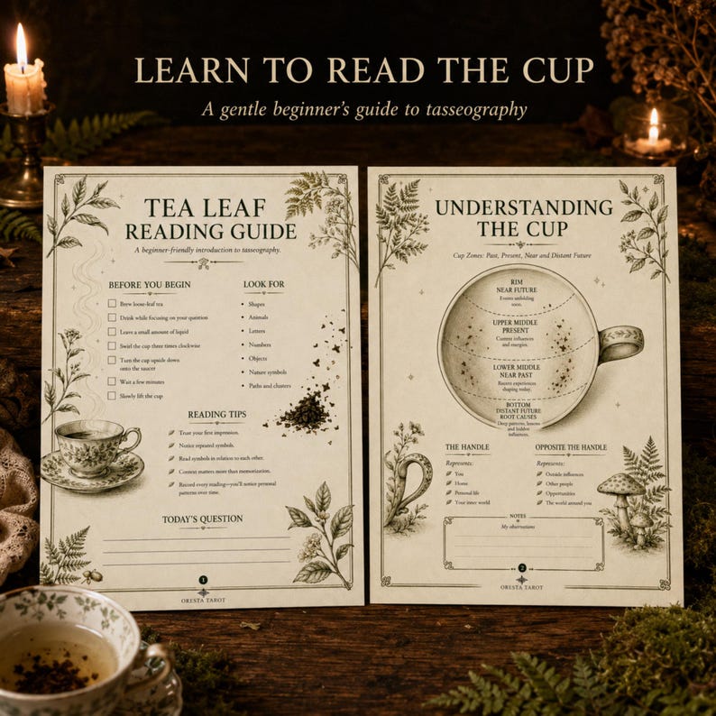 以下が含まれることがあります： 「Learn to Read the Cup」、「Tea Leaf Reading Guide」、「Understanding the Cup」と題された2枚のオフホワイトの解説シート。黒い文字、植物のイラスト、タッセオグラフィー用のティーカップの図が描かれています。