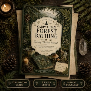 May include: A rectangular product cover titled Carpathian Forest Bathing Sensory Deck & Journal. The design features a dark green forest scene with a central cream-colored label, a small journal, a mug, and mushrooms. Text includes A4 + US Letter.