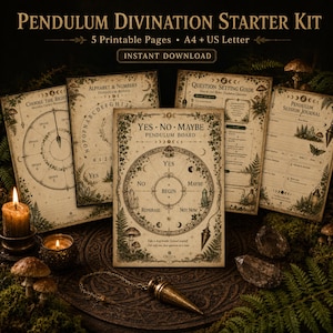 May include: A Pendulum Divination Starter Kit featuring five printable pages in A4 and US Letter sizes. The pages include a Yes, No, Maybe pendulum board, an alphabet and numbers board, a question setting guide, and a pendulum session journal.