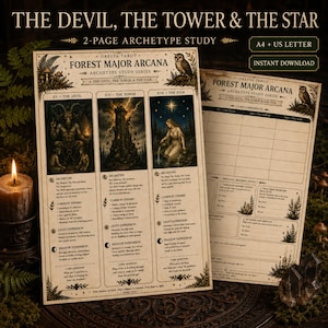 May include: A two-page printable tarot study guide titled The Devil, The Tower & The Star. The document features detailed sections on archetypes, common themes, and light and shadow expressions for each card, alongside a blank worksheet page.
