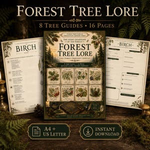 Utskrivbar grimoire om skogsträd, 8 botaniska observationsguider, Green Witch Journal