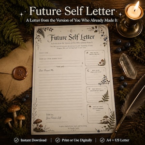 May include: A Future Self Letter printable template featuring a cream-colored page with botanical illustrations of ferns and mushrooms. The text includes prompts like What are you proud of me for and Dear Present Me, with lines for writing and a signature line.