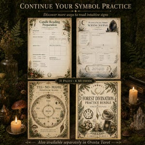 以下が含まれることがあります： Continue Your Symbol Practice、Candle Reading Preparation、Water & Black Mirror Scrying Journal、Yes No Maybe Pendulum Board、Forest Divination Practice Bundleというタイトルの植物のイラストが描かれた4枚の印刷ページ。
