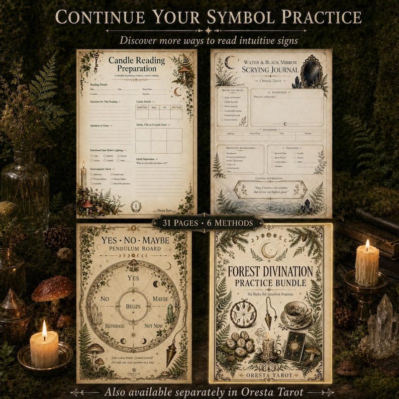 以下が含まれることがあります： Continue Your Symbol Practice、Candle Reading Preparation、Water & Black Mirror Scrying Journal、Yes No Maybe Pendulum Board、Forest Divination Practice Bundleというタイトルの植物のイラストが描かれた4枚の印刷ページ。