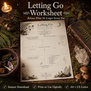 May include: A printed Letting Go Worksheet featuring sections for reflection, including What Am I Ready to Release, Why Have I Been Holding On, How Does It Affect Me, What Have I Learned, My Release Ritual, and My Affirmation with botanical illustrations.