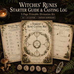 以下が含まれることがあります： Witches' Runes Starter Guide & Casting Logというタイトルの印刷可能な占いキット。ルーンキャスティングマット、意味ガイド、リーディングジャーナルが含まれています。ページには植物のイラスト、ルーン文字、古紙風の背景にテキストが描かれています。