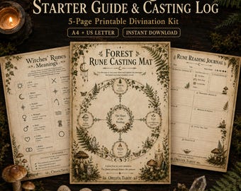 以下が含まれることがあります： Witches' Runes Starter Guide & Casting Logというタイトルの印刷可能な占いキット。ルーンキャスティングマット、意味ガイド、リーディングジャーナルが含まれています。ページには植物のイラスト、ルーン文字、古紙風の背景にテキストが描かれています。