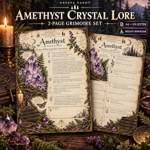 May include: A two-page grimoire set titled Amethyst Crystal Lore, featuring detailed text about amethyst folklore, symbolic associations, and personal observation logs. The pages are decorated with illustrations of amethyst clusters, ferns, and butterflies.