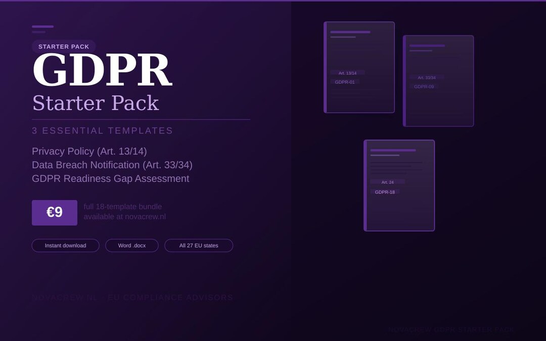 GDPR Starter Pack — 3 Word Templates Privacy Policy Breach Notification ...