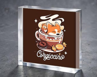 Corgi Coffee Break Cute Dog Acrylic Block for Baby Stork Farm Design Name Date Lámina acrílica Pintura Acrílico Exhibidor de escritorio