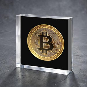 Bitcoin Gold Coin Graphic Acrylic  Block for Baby Stork Farm Design Name Date Lámina acrílica Pintura Acrílico Exhibidor de escritorio