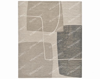 Hand Knotted Wool Area Rug, Neutral Abstract Beige Grey Carpet, Minimalist Living Room Home