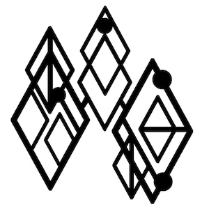 以下が含まれることがあります： 白黒の幾何学模様。相互に接続されたダイヤモンド型と円のシリーズが、対称的なパターンを形成しています。シャープなラインと視覚的に魅力的な構成で、アールデコ調のデザインです。