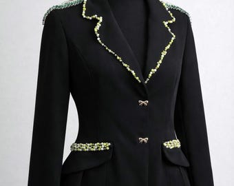 Handmade Embellished Blazer | Black Tailored Jacket with Pearls & Rhinestones Epaulettes | Statement Designer Blazer