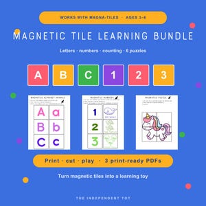 Op de afbeelding: Een leerpakket voor magnetische tegels met printbare pdf's voor letters, cijfers, tellen en puzzels. De blauwe afbeelding toont kleurrijke vierkanten met letters A, B, C en cijfers 1, 2, 3, naast werkbladen voor alfabetdieren, cijfers en een eenhoornpuzzel.