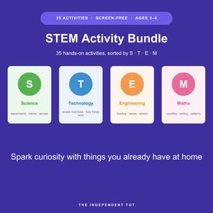 May include: A purple STEM Activity Bundle educational card set for ages 3-6. It features 35 screen-free activities categorized into Science, Technology, Engineering, and Maths, each with a colored circle icon and descriptive sub-text.