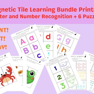 May include: Printable magnetic tile learning bundle with letter and number recognition, plus 6 puzzles. Features colourful alphabet and number cards, and animal puzzles. The text says "PRINT! CUT! PLAY!"