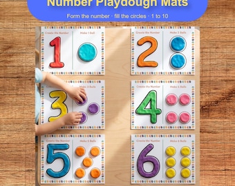 Tapetes de plastilina con los números del 1 al 10 / Tapetes de conteo y formas inspirados en Montessori / Actividad imprimible sin preparación / Educación en casa / Edades de 2 a 6 años