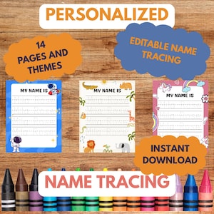 Può includere: Un set di fogli di lavoro personalizzati per il tracciamento dei nomi con 14 pagine a tema spazio, animali della giungla e unicorni. Le pagine mostrano il testo MY NAME IS sopra linee tratteggiate per esercitarsi nella scrittura.