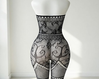 Ręcznie robiony czarny bodystocking z siateczki, body z koronki w kwiaty, bielizna w jednym rozmiarze, rozciągliwy body z siateczki, przezroczysta bielizna nocna dla kobiet, prezent dla niej