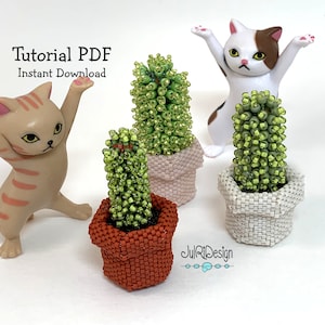 May include: Three beaded cactus plants in different colored pots. The cacti are green and the pots are orange, pink, and white. The text "Tutorial PDF Instant Download" is at the top of the image.
