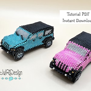 Pode incluir: Dois modelos de Jeep feitos com contas, um turquesa e outro rosa, com telhados pretos e detalhes prateados. Tutorial PDF Download instantâneo.