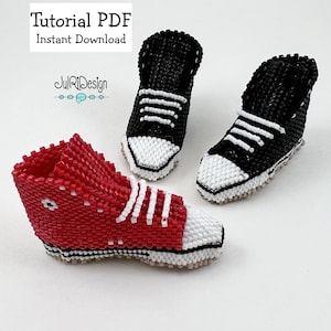May include: A PDF tutorial for making beaded sneakers. The image shows three pairs of sneakers, one red, one black, and one white. The sneakers are made with small beads and have a realistic look.