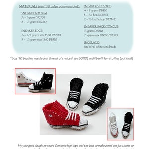 Peut inclure: Gros plan sur trois mini-baskets montantes en perles. Les baskets sont rouges, blanches et noires. L'image comprend des instructions pour la fabrication des baskets, qui comprennent les mat&eacute;riaux n&eacute;cessaires et la taille des perles.
