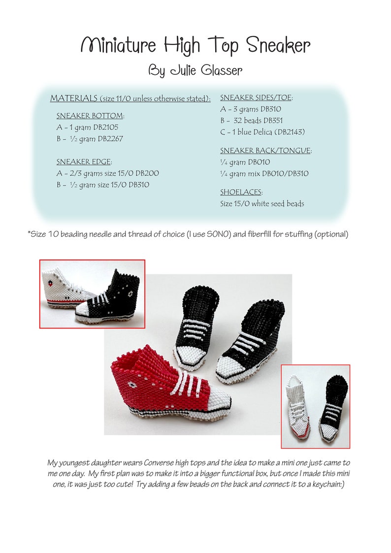Peut inclure: Gros plan sur trois mini-baskets montantes en perles. Les baskets sont rouges, blanches et noires. L'image comprend des instructions pour la fabrication des baskets, qui comprennent les mat&eacute;riaux n&eacute;cessaires et la taille des perles.