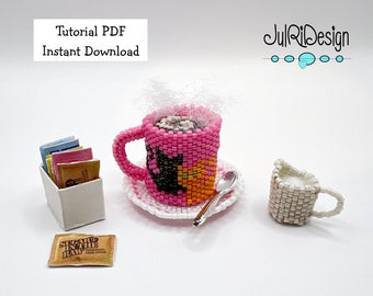 Beaded Mini Mug & Saucer - Kittens TUTORIAL/pattern/instructions/PDF