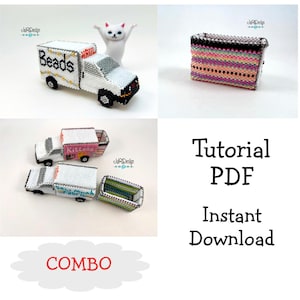 May include: A digital PDF tutorial for a beaded truck and container. The truck is white with black accents and the word Beads printed on the side. Other versions feature pink with Kittens text or blue with So Much Fabric text. Includes a striped container.