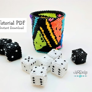 May include: A beaded cup with a vibrant geometric pattern in black, blue, green, orange, and pink, with beaded dice in black and white. The image includes the text "Tutorial PDF Instant Download".