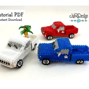 May include: Three beaded pickup trucks, one white, one red, and one blue. The white truck has a small palm tree on top. Tutorial PDF Instant Download.