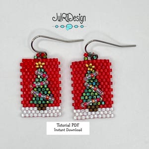 May include: A pair of red and white beaded earrings with a Christmas tree design. The earrings are made with seed beads and feature a green tree with brown trunk, red and green beads for ornaments, and a gold star on top. The earrings are attached to silver ear wires. "Tutorial PDF Instant Download" is written below the earrings.