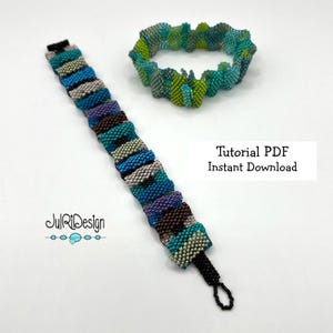 May include: Two beaded bracelets. One is a long, rectangular bracelet with a black clasp and a loop. The other is a circular bracelet. Both are made of small, colourful beads in shades of blue, green, purple, and brown. Text on the image reads "Tutorial PDF Instant Download."